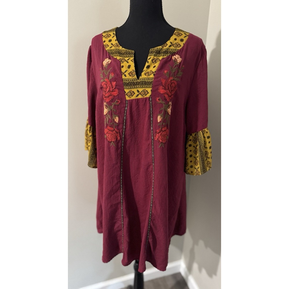 Umgees Embroidered Rose Tunic‎ Top Burgundy Yellow Boho Bell Sleeve Size M